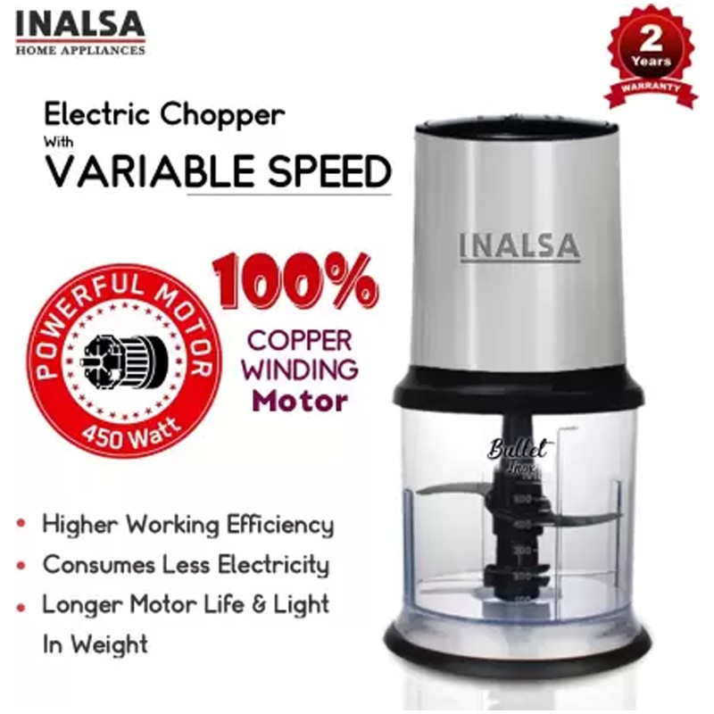 INALSA Electric Chopper Bullet Inox- 450 Watts with 2 Speed Option