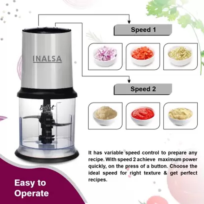 INALSA Electric Chopper Bullet Inox- 450 Watts with 2 Speed Option