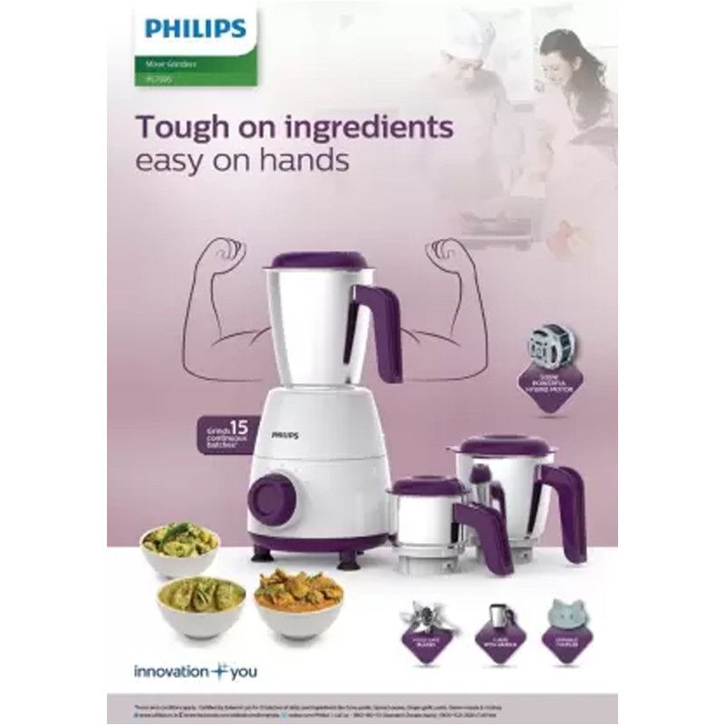 PHILIPS HL750500 500 Mixer Grinder (3 Jars, Purple, White