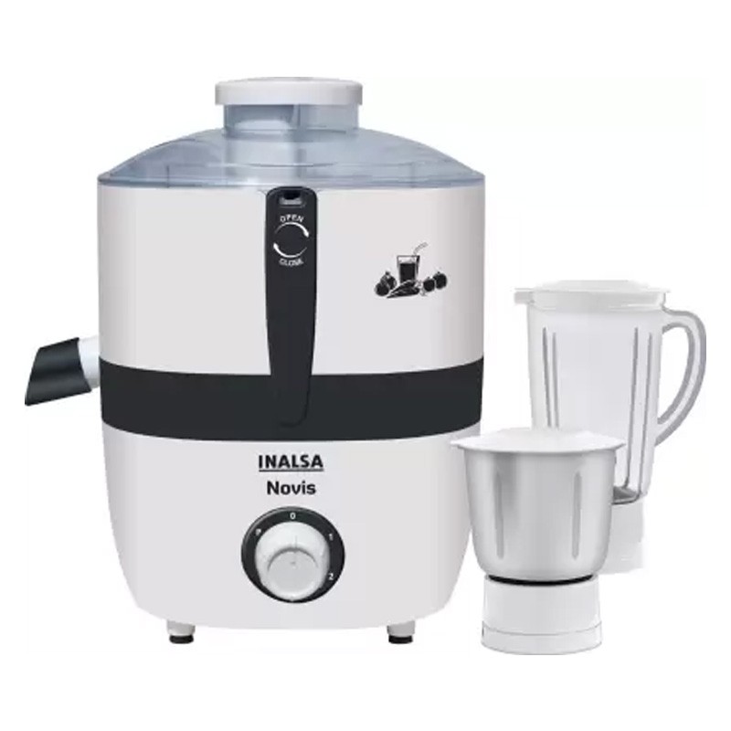 Inalsa Juicer Mixer Grinder 500W- Noviwith 2 Jars|1.5L Blender Jar,0.7L SS Multipurpose Jar|Nozzle Cap|Shockproof Body Design,Overload Protection for Safety|ISI Marked, Made In India, White, Medium