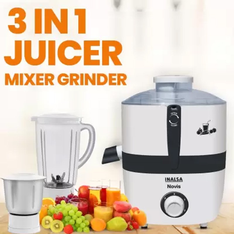 Inalsa Juicer Mixer Grinder 500W- Noviwith 2 Jars|1.5L Blender Jar,0.7L SS Multipurpose Jar|Nozzle Cap|Shockproof Body Design,Overload Protection for Safety|ISI Marked, Made In India, White, Medium