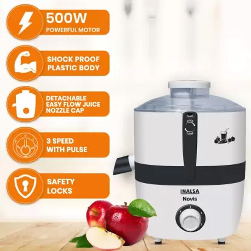 Inalsa Juicer Mixer Grinder 500W- Noviwith 2 Jars|1.5L Blender Jar,0.7L SS Multipurpose Jar|Nozzle Cap|Shockproof Body Design,Overload Protection for Safety|ISI Marked, Made In India, White, Medium